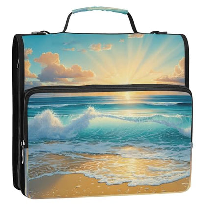 3 Ring Zipper Binder Sunrise Sunset Ocean Beach Binders Bag with Shoulder Strap 500 Sheets Paper Organizer Trapper Keeper Documents Storage File Folder for School Office - color: A493