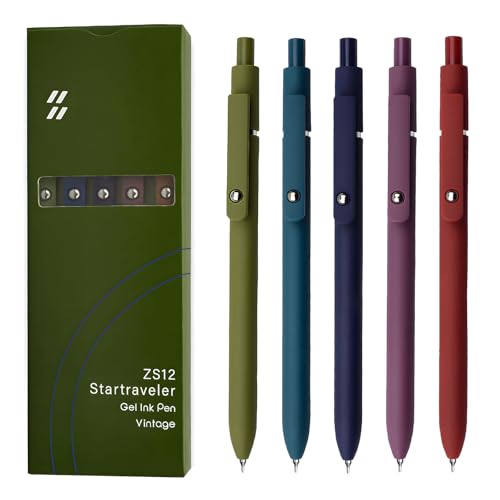 UIXJODO Gel Pens, 5 Pcs 0.5mm Black Ink Pens Fine Point Smooth Writing Pens with Silicone Grip, High-End Series Metal Clip Retractable Pens for Journaling Note Taking (Vintage) - color: 5 Pcs Vintage