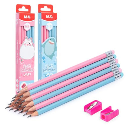 M&G Lucky Series 24 Pack HB Wood-Cased Pencils, Pre-Sharpened with 2 Mini Sharpeners, Cute Blue and Pink Hexagonal Solid Barrels with Matching Erasers for School Office Classroom Supplies - color: Lucky Series Blue & Pink, style: HB