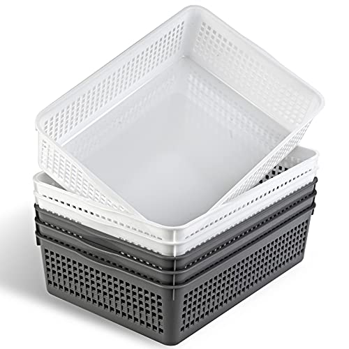 Eslite A4 Size Plastic Storage Basket,Desktop File Paper Letter Organizer Tray, 6-Packs (White+Grey) - color: White+Grey