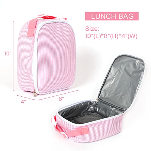 MT WORLD Personalized Lunch Bag Tote Custom Embroidery Name Reusable Seersucker Stripe Pattern Insulated Lunch Box - color: Pink