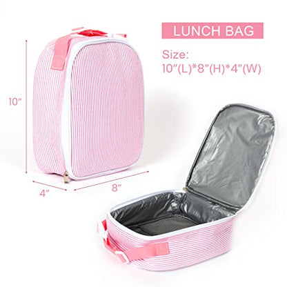 MT WORLD Personalized Lunch Bag Tote Custom Embroidery Name Reusable Seersucker Stripe Pattern Insulated Lunch Box - color: Pink
