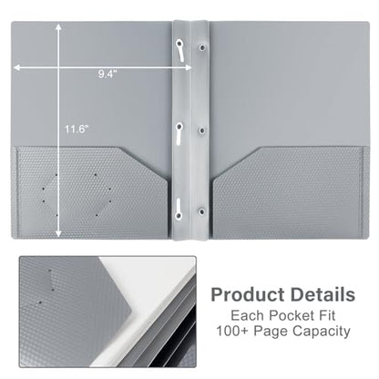 12-Pack Plastic Pockets with Prongs, 2-Pocket Folders with 3 Fasteners, Holds 8.5" x 11" Paper, Silvery - color: Silver, size: 12-Pack