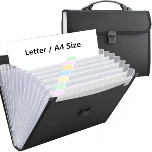 12 Pockets Letter Size/A4 Accordion File Organizer with Handle, TRANBO Expanding File Folder, Portable Paper Organizer, Expandable Plastic Document Organizer for Travel School Office - Black - color: 12 Pockets,1 Pack Black, size: Letter Size & A4