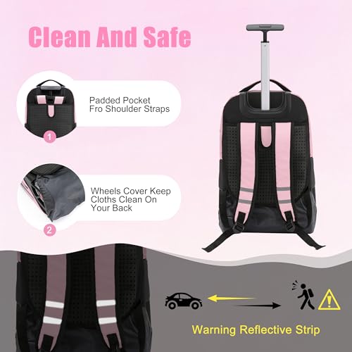 NEW TILAMI Rolling Backpack 19 inch with Lunch Bag Teens Cute Wheeled Computer Laptop Backpack Bookbag Roller Travel Bag College, Flower Pink - color: Flower Pink