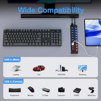 ONFINIO Powered USB Hub, 10-Port USB Splitter Hub | (7 Faster Data Transfer Ports+ 3 Smart Charging Port) with 12V/3A Power Adapter USB Extension for Mac, PC and More - style: 10 PORT QC 3.0