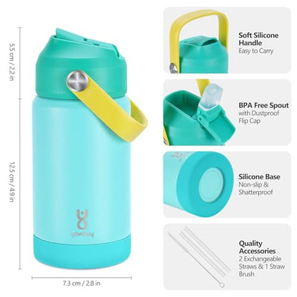 Kids Insulated Water Bottle with Straw Lid & Silicone Handle,12oz Kids Leak Proof Water Bottle for School Boys Girls,Double Wall Vacuum Stainless Steel with Non-slip Silicone Base(Lake Blue) - color: Light Blue, size: 12 Ounces