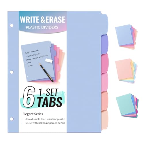 Sooez 6-Tab Durable Plastic Write & Erase BigTab Dividers for 3 Ring Binder | Aesthetic Cute Pastels Binder Dividers for Student, Teacher, Office, Home Organizers, 1 Sets, Elegant - color: Elegant, size: 1 set