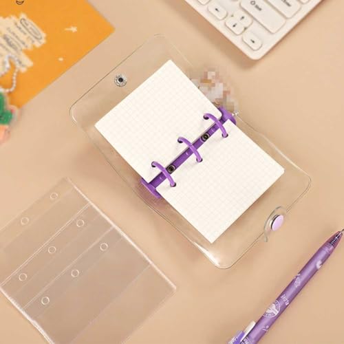 2 Pack Mini 3-Ring Binder Covers with 160 Sheets Binder Inner Paper and 6 Pieces Binder Pockets, Clear PVC Notebook Loose Leaf Folder Mini Soft Binder Notebook for Diary (Purple, Pink)