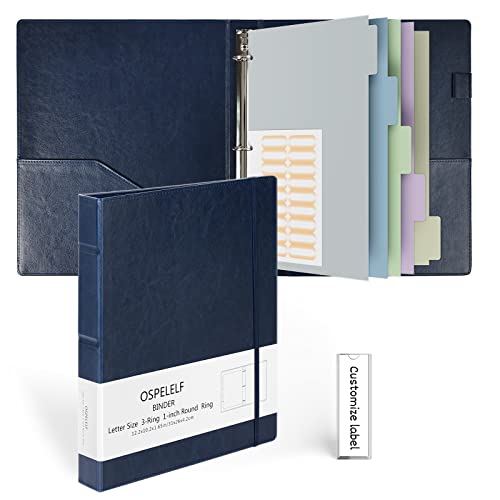 Ospelelf Vintage Hardcover 3 Ring 1 inch Leather Binder, Professional Binders Organizer Suitable for Letter Size Documents, Binder Dividers with Tabs, Faux Dark Blue Leather - color: Dark Blue, size: Letter Size - 1 Inch Ring