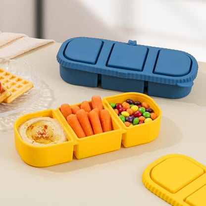 2 Pack Silicone Snack Containers, 3-Compartment Snackle Box with Leak Proof Lids, Reusable Small Divided Food Storage for Kids Lunch, School Travel Adults - color: 3-Compartment (2-Pack)-Blue,Yellow