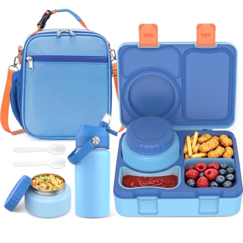 Bento Lunch Box for Kids Adult, Leakproof 3-4 Compartment Bento Box Set with Insulated Food Jar,Water Bottle, Lunch Bag, School Lunch Container for Toddler Teen Girls Boys Ages 3+(Blue) - color: Blue