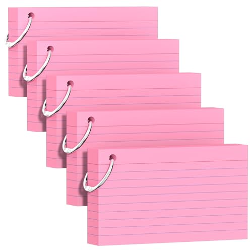 250 Count Pink Index Cards 3x5 Inch with Key Ring, Color Flash Index Card (50 Sheets Each), Durable & Portable Note Taking for Students, Teachers, Study Note Cards for Office Home School - color: Pink 5 Pack