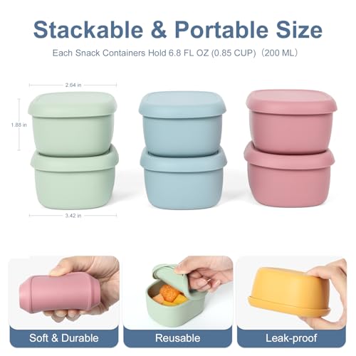 6 pcs 7 oz Silicone Snack Containers for Kids Small Food Containers with Lids, Fruit Containers for Lunch, Stackable Lunch Containers for Kids, Daycare, School and Travel - size: 7oz-6pcs