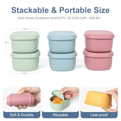 6 pcs 7 oz Silicone Snack Containers for Kids Small Food Containers with Lids, Fruit Containers for Lunch, Stackable Lunch Containers for Kids, Daycare, School and Travel - size: 7oz-6pcs