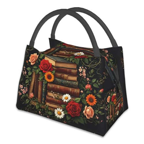 Vintage Books Insulated Lunch Bag,Cute Retro Flowers Lunch Box for Women,Girls Boys Thermal Insulation Cooler Tote Bag Lightweight for Student School Work Picnic - color: Vintage Books