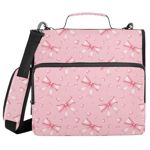 Zipper Binder Bag 3 Ring File Folder Portfolio Organizer Zippered Binder Bags with Strap Fits Laptop Women Men - color: 22-pink Ribbon Bow