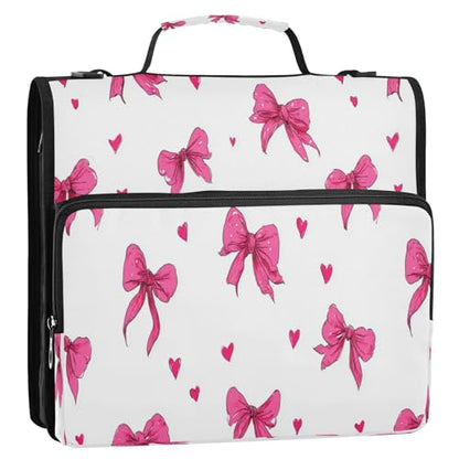 Caikeny 3 Ring Zipper Binder Pink Bows Hearts White Hand Drawn 1.5 inch Binders Bag Expanding File Pockets with Shoulder Strap and Handle - color: Multicolored 1z83.7