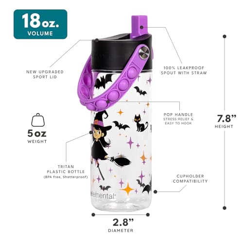 Elemental Water Bottles for Kids - Splash Kids Water Bottle for School with Pop-it Handle - BPA Free Tritan Plastic Water Bottle with Straw Leak Proof when Spout is Closed - Little Witch - 18oz - color: Little Witch