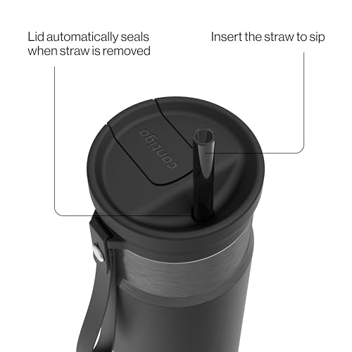 Contigo SnapSeal 709.8ml(24온스) 스테인리스 스틸 진공 단열 물병, 누출 방지 자동 닫힘 뚜껑, 휴대용 스트랩 및 재사용 가능한 빨대, BPA 프리 및 납 프리, 식기세척기 사용 가능 - color: 감초 건메탈, size: 24온스