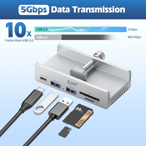 EJAY 5Ports USB3.0 HUB Alu Splitter Desktop Docking with Card Reader for Desk/Monitor Clipping with Extra Power Supply Port,59inches Data & 39inches Power Cable-5Gbps(Silver) - size: with SD Card Reader