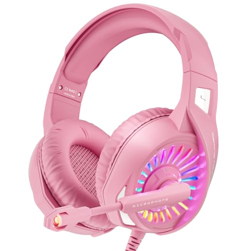 ZIUMIER Z20 Pink Gaming Headset with Microphone, Compatible with PS4 PS5 Xbox One PC Laptop, Over-Ear Headphones with LED RGB Light, Noise Canceling Mic, Stereo Surround Sound (Pink) - color: Pink