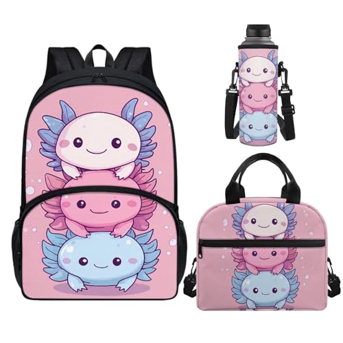 Horeset Colorful Axolotl School Backpack for Girls 3 Pack Book Bag with Lunch Box Water Bottle Sling Bag Elementary Middle Student Schoolbag for Kids Teens Gifts Birthday Festival Back to School - color: Colorful Axolotl