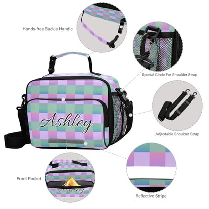 Custom Student Lunch Bag for Boys Girls Gradient Checkered Personalized Lunch Box With Name Insulated Cooler Bag for School Picnic Travel - color: Multi20