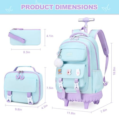 3-IN-1 Rolling Backpack for Girls with Lunch Bag Pencil case, Kawaii Backpack with Wheels for Girls, Roller School Bag with Wheels for Teen Elementary School Bookbags with Cute Pins Aquamarine-Purple - color: Aquamarine-purple