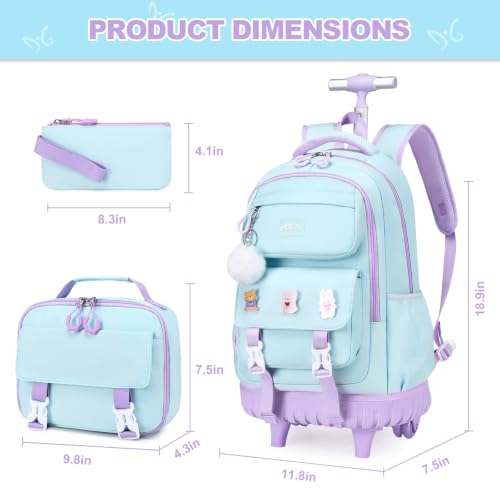 3-IN-1 Rolling Backpack for Girls with Lunch Bag Pencil case, Kawaii Backpack with Wheels for Girls, Roller School Bag with Wheels for Teen Elementary School Bookbags with Cute Pins Aquamarine-Purple - color: Aquamarine-purple