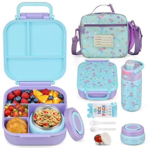 Itslife Bento Box for Kids Set, insulated food container,kids lunch box, 7 oz thermos for hot food, 12 oz thermos water bottle, Reusable Insulated Ice Bag & Fork Spoon Utensils Camping Travel Purple - color: Purple-RY