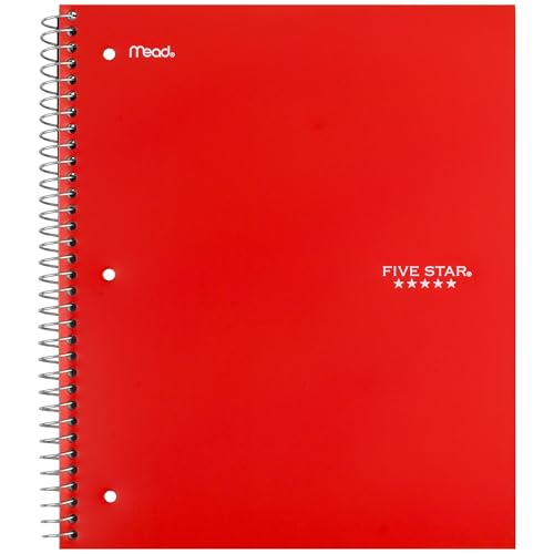 Five Star Spiral Notebook + Study App, 5 Subject, Wide Ruled Paper, 8" x 10-1/2", 200 Sheets, Fights Ink Bleed, Water Resistant Cover, Fire Red (72041) - color: Fire Red, size: 8" x 10.5" (Pack of 1)
