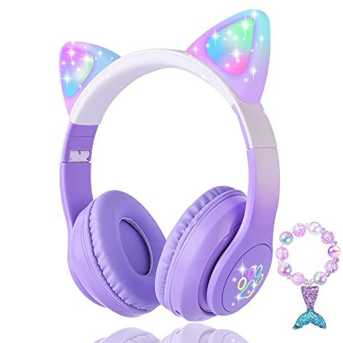 Cat Ear Kids Headphones Bluetooth, LED Light up Wireless/Wired Mode Over Ear Headphones with Build in Microphone for School/Travel (Purple) - color: Purple