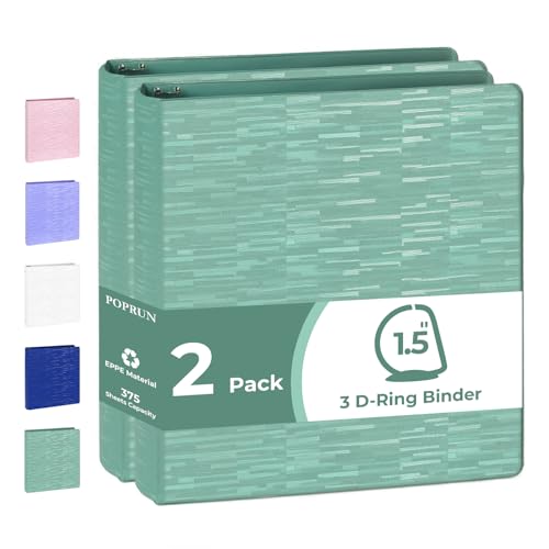 POPRUN 3 Ring Binder 1.5 Inch, D Ring PVC-Free (Fit 375 Sheets 8.5"x11" Paper), 2 Pack Heavy-Duty with 2 Pockets for Study Work Partner Supplies, 2 Pack, Midnight Green - color: Midnight Green, size: 1.5 inch