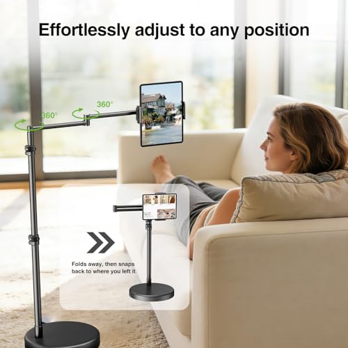 elitehood Heavy Duty Aluminum iPad Stand for Bed with Long Swivel Arm, Floor Tablet Holder for Bed Recliner Sofa, Adjustable iPad Floor Stand Holder, Fits Tablet, Kindle, iPhone and 4.7-13in Devices