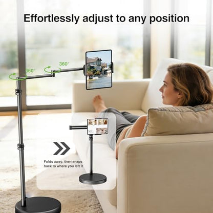 elitehood Heavy Duty Aluminum iPad Stand for Bed with Long Swivel Arm, Floor Tablet Holder for Bed Recliner Sofa, Adjustable iPad Floor Stand Holder, Fits Tablet, Kindle, iPhone and 4.7-13in Devices