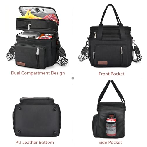 LOKASS Lunch Bag& Lunch Box for Men Women Double Deck,Large Insulated Adult Lunch Box Leakproof Lunchbox Cooler Bag for Work Picnic Beach,（Black,16L） - color: Black 2