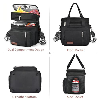 LOKASS Lunch Bag& Lunch Box for Men Women Double Deck,Large Insulated Adult Lunch Box Leakproof Lunchbox Cooler Bag for Work Picnic Beach,（Black,16L） - color: Black 2