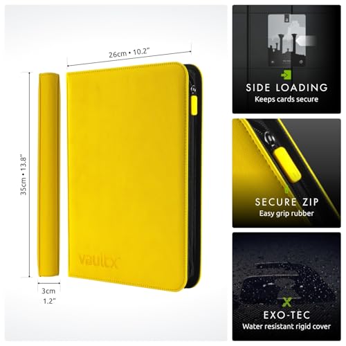 Vault X 9 Pocket Zip Trading Card Binder 360 Cards Exo-Tec (Yellow) | Holds 360 standard-size TCG cards in 20 side-loading 9-pocket pages. Padded, water-resistant Exo-Tec cover. - color: Yellow, size: 6.8cm x 9.7cm