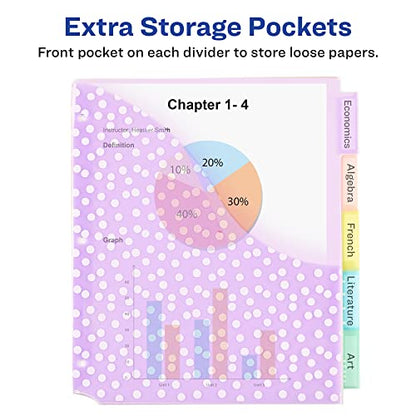 Avery Dividers for 3 Ring Binders, 5 Tab Plastic Binder Dividers, Pockets, Insertable Big Tabs, Pastel Classic Designs, Extend Beyond Sheet Protectors, 3 Sets (11255) - size: 5 tab, style: 3 Sets