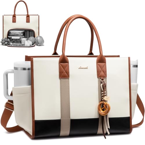 LOVEVOOK Work Tote Bag with Lunch Compartment with Giant Tumbler Holder,15.6 Inch Waterproof 3 in 1 Lunch Bag Women Men Laptop Bag Purse Tote with Padded Sleeve for Teacher,Nurse,College,Travel,Office - color: 1-Flower white - Black - Lustrous brown, size