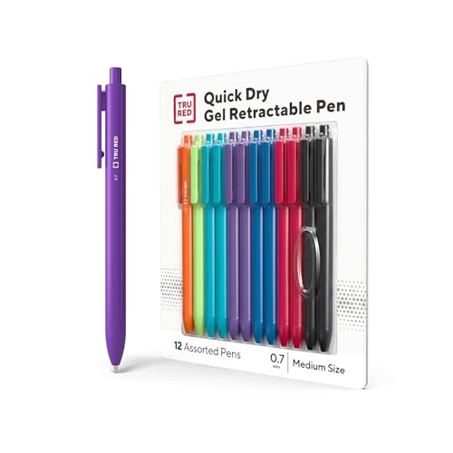 TRU RED Retractable Gel Pens, Medium Point 0.7mm, Assorted Ink Colors, 12 Pack – Quick‑Dry Pens for Smear‑Free Writing - color: Assorted, size: 12 Pack, style: Medium Point