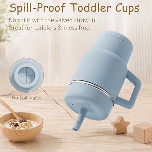 Fimibuke Toddler Tumbler with Handle & Straw, 15 OZ Spill Proof Sippy Cups | Leak Proof Stainless Steel Cups with Lid & Silicone Sleeve, BPA Free Dishwasher Safe Kids Water Bottle for Girl Boy, 2 Packs - color: Forest & Ocean