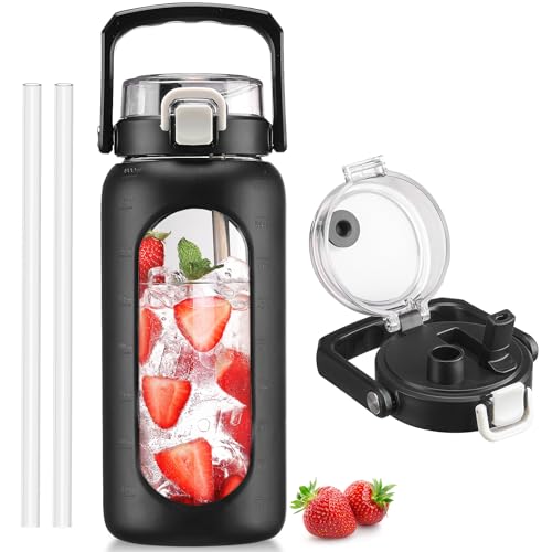 BLUEGO 64oz Glass Water Bottle with Handle and Straw, Motivational Sports Water Bottle with Time Marker and Silicone Sleeve Leakproof Drinking Bottle for Travel Gym Workout, Black - color: Black, size: 64 Ounces