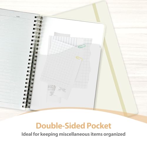 A5 Lined Spiral Journal Notebook, 146 Pages Hardcover Notebook with 100 GSM Thick Paper, Inner Pocket & Elastic Closure, 5.7" x 7.9", Notebooks for Work, School, College, Office, Journaling & Note Taking - color: Beige