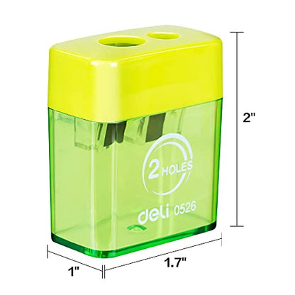 Deli Pencil Sharpener, Manual Pencil Sharpeners, Dual Holes with Lid, Random Color