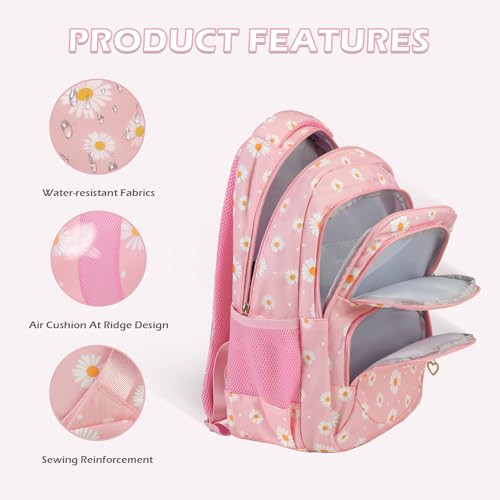 Glodwheat Daisy Printed Backpack For Girls- 3Pc Set With Lunch Box & Pencil Case, Lightweight Water-Resistant Bookbag For Elementary School - color: Pink