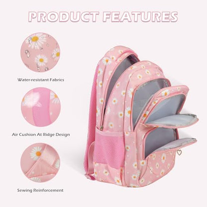 Glodwheat Daisy Printed Backpack For Girls- 3Pc Set With Lunch Box & Pencil Case, Lightweight Water-Resistant Bookbag For Elementary School - color: Pink