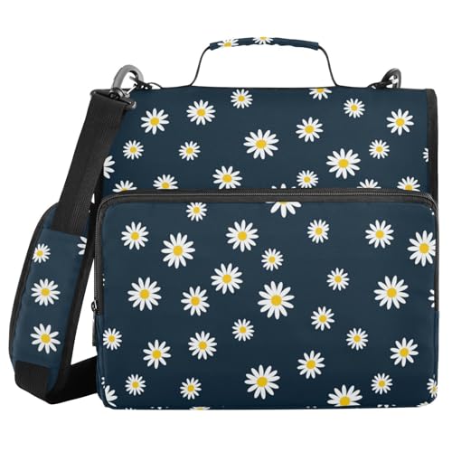 Gredecor 3 Ring Zipper Binder with Shoulder Strap, Navy Blue Flower Daisy Multi-Pockets Organizer Binder Bag Holds 500 Sheets for School and Office - color: Navy Blue Flower Daisy