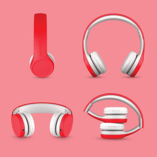LilGadgets Connect+ Foldable Headphones, Adjustable Fit Soft Touch Padding for Kids with Mic, Volume-Limited & Noise Reduction On-Ear Wired Headset for School with SharePort - Red, Ages 3-14 - color: Red